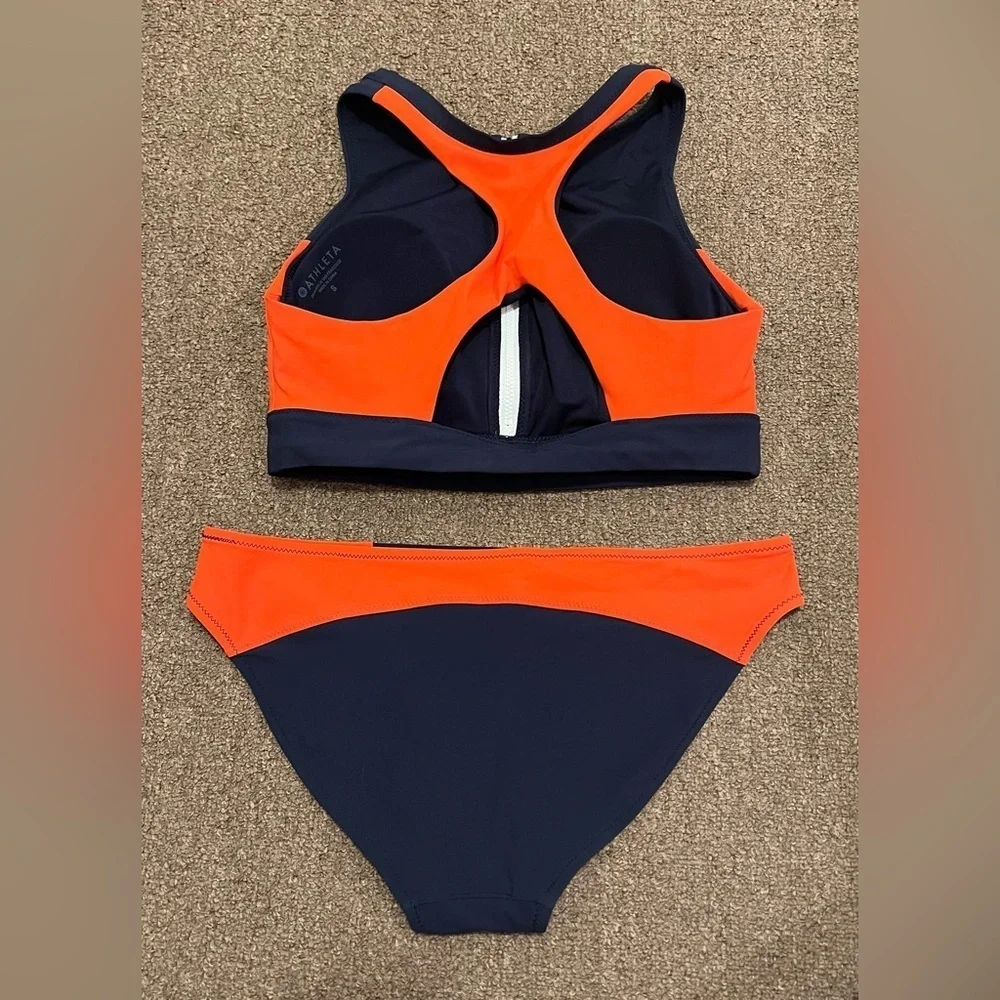 Athleta Colorblock Zip Front Bikini Set Navy Deep Orange Sz Small